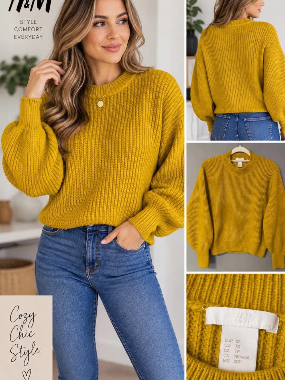 H&M Women Oversized Mustard Yellow Ribbed Balloon-Sleeve Sweater Size XS